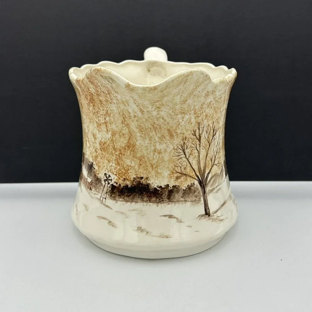 Hand Painted Ceramic‎ Water Pitcher Winter Cabin Barn Windmill SIGNED VTG 1979